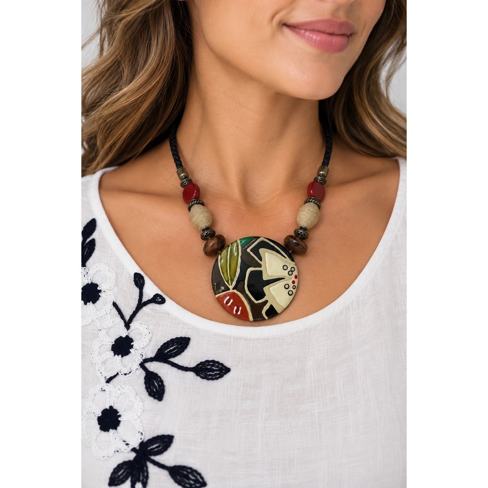 Chico's Statement Necklace Abstract Disc Pendant Braided Cord Mixed Media Boho